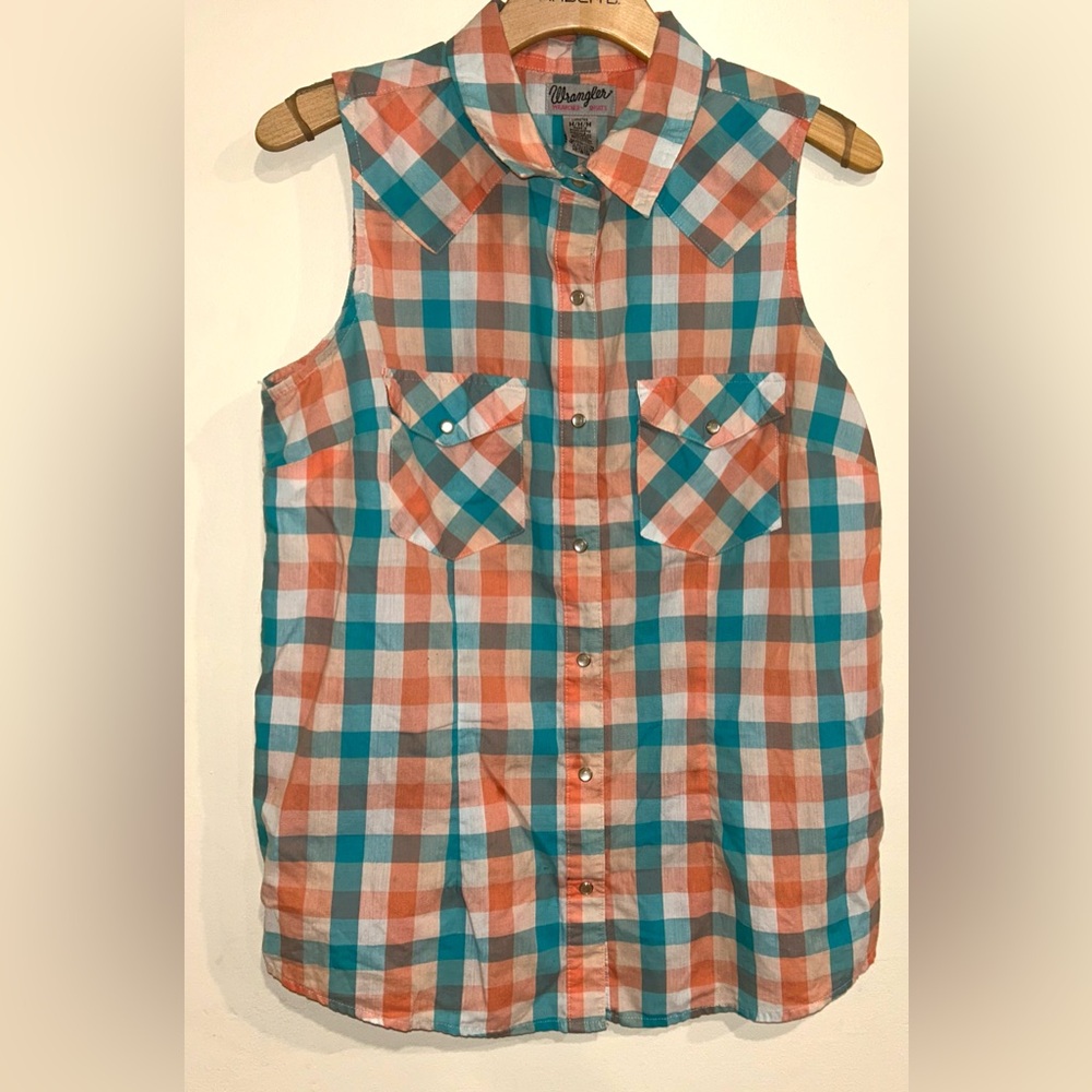 Wrangler Wrancher Shirt Womens  Multi Pearl Snap Western Sleeveless Blouse Sz M